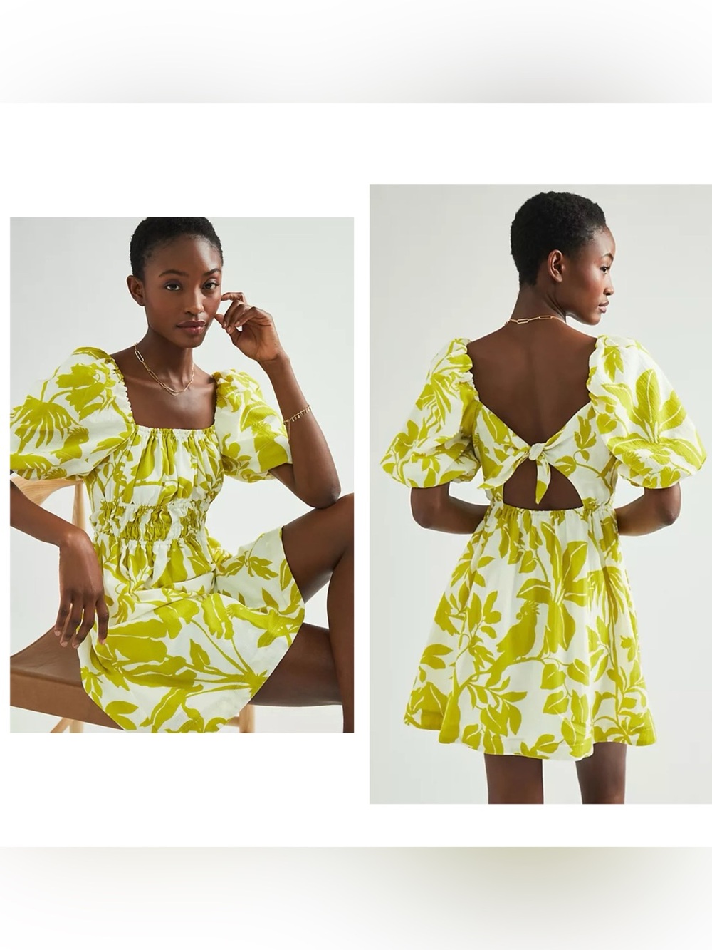 Anthropologie Maeve Chartreuse Floral Puff Sleeve Smocked Feliciana Mini Dress